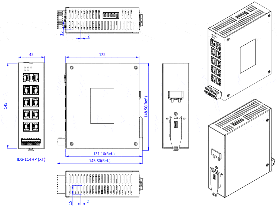 IDS-114HP PoE (90W) Switches - Mechanical Drawing